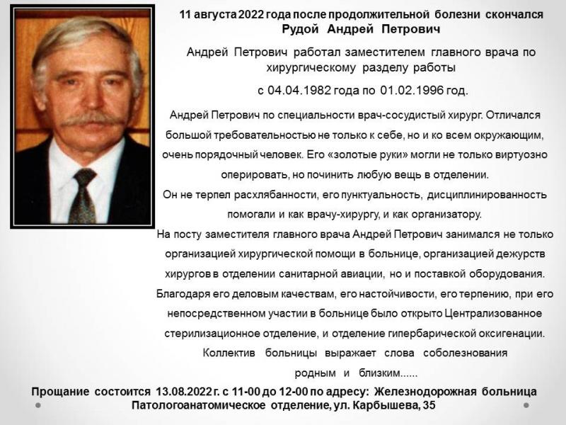 11 августа 2022 года после продолжительной болезни скончался Рудой Андрей Петрович